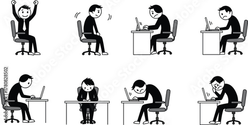 Cartoon man computer work emotions, frustration joy stress reaction icons, office desk burnout cycle, cad drawing flat vector illustration