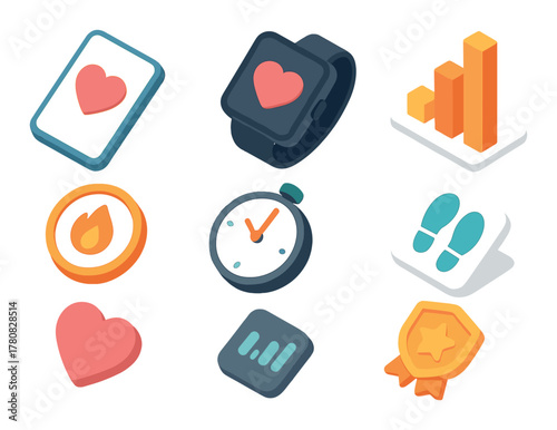 Fitness and health app icons with heart watch and activity tracker