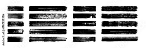 Brush strokes. Ink straight line. Black grunge paintbrush, sketch texture banners, long horizontal stripes with vintage texture. Hand drawn stroke and box for text. Vector set