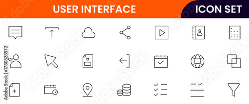 User Interface UI, UX web icons in line style. User, profile, message, mobile app, document file, social media, button, home, chat, arrow, collection. Vector illustration.