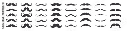 Mustache. Black silhouettes hipster mustache. Flat men whisker icons. Variation mustache styles, symbols, facial hair. Gentleman look. Barbershop elements. Vector set