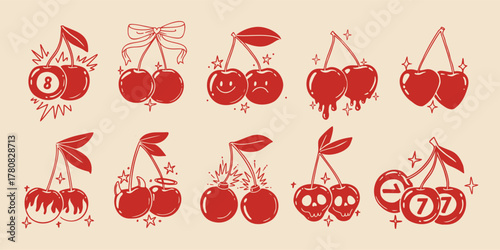 Retro cherry. Vintage red berry. Hand drawn fruit for print. Sketch cherries with ribbon, bow, skull, cherry bomb, explosion, lucky berries. Comic graphic element. Vector set
