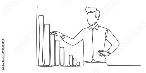 One continuous line drawing of a businessman analyzing a financial bar graph, symbolizing data analysis, performance review, and strategic planning for market trends.