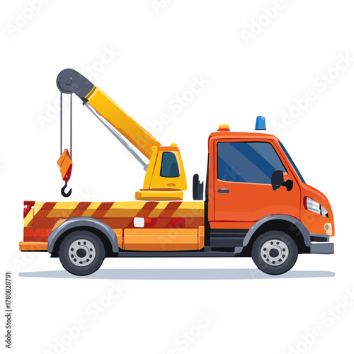 Side view of a cartoon orange tow truck with a yellow crane, isolated on a white background.