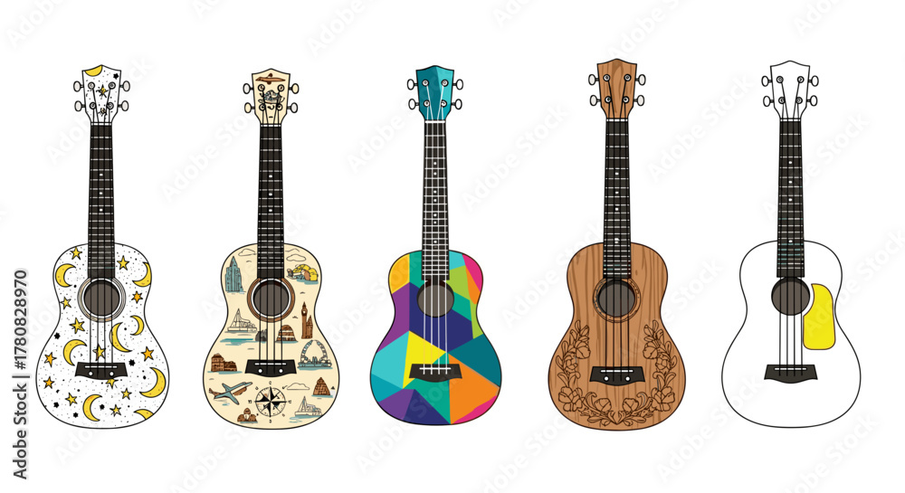 Fototapeta premium A collection of five illustrated ukuleles, each with a different colorful and creative design, isolated on a white background.