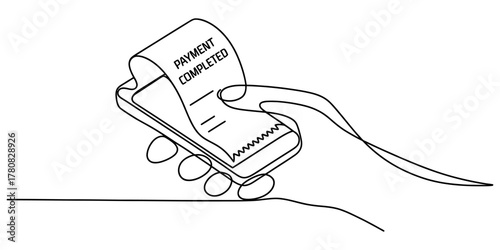 Mobile payment complete concept, a hand holds smartphone with digital receipt showing successful transaction, modern financial technology line art illustration.