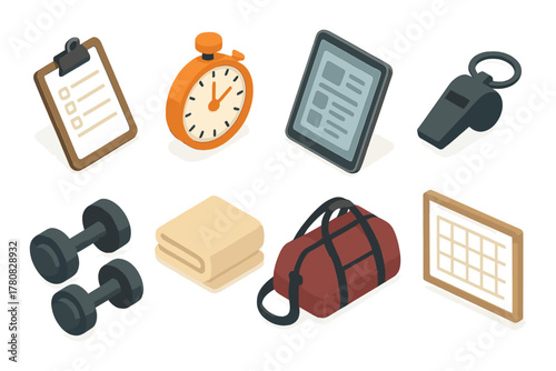 Fitness essentials: stopwatch, clipboard, weights, towel, and more