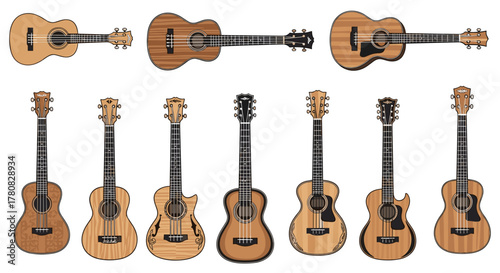 A collection of various illustrated acoustic guitars showing different body shapes, styles, and angles on a white background.