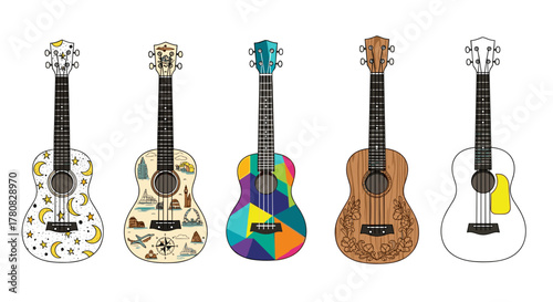 A collection of five illustrated ukuleles, each with a different colorful and creative design, isolated on a white background.