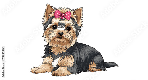 An adorable illustrated Yorkshire Terrier puppy with a pink polka dot bow sitting on a white background.