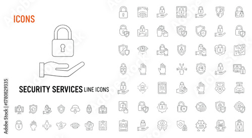 Security services line icons vector set of protection and privacy symbols for app and web design