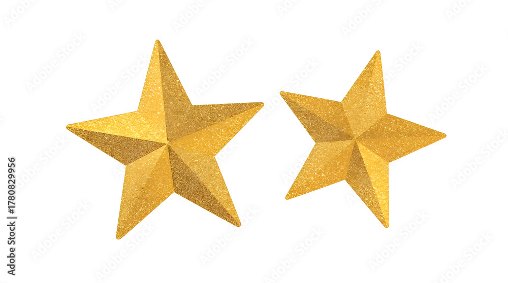 Obraz premium Two shiny gold 3d stars with metallic texture on white background, luxury decorative elements for holiday celebration 