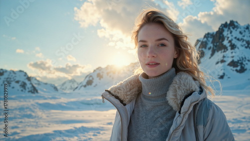 Arctic fashion concept – model in a snowy polar environment. Kobieca moda w ekstremalnych warunkach – zdjęcie na kole polarnym