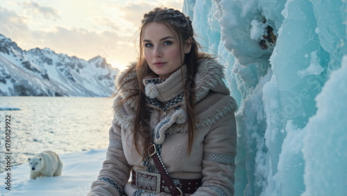 Arctic fashion concept – model in a snowy polar environment. Kobieca moda w ekstremalnych warunkach – zdjęcie na kole polarnym