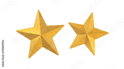 Two shiny gold 3d stars with metallic texture on white background, luxury decorative elements for holiday celebration 