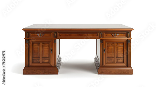 Classic wooden executive desk with drawers and ornate carved details, traditional office furniture for home
