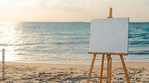 Empty canvas on easel on sea coast at sunrise, sunlight reflecting off water and casting soft shadows on the sand