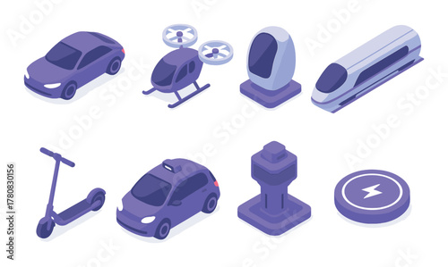 Futuristic transportation icons: cars, drone, pod, train, scooter