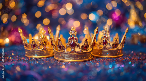 Three royal golden crowns with colorful gemstones on sparkling bokeh background, luxury king and queen tiara concept 