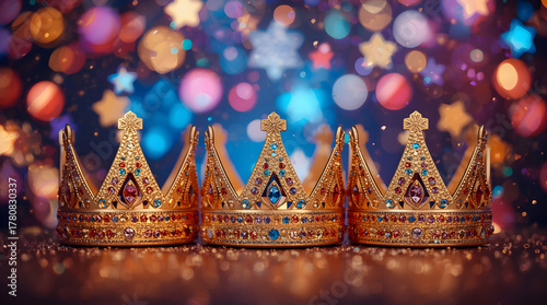 Three royal golden crowns with colorful gemstones on sparkling bokeh background, luxury king and queen tiara concept 
