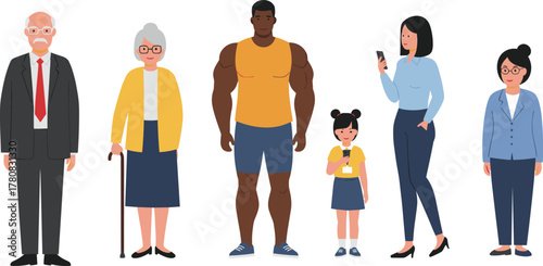 Diverse character lineup illustration, casual fashion pose icons, age body type variation set, cad drawing flat vector design