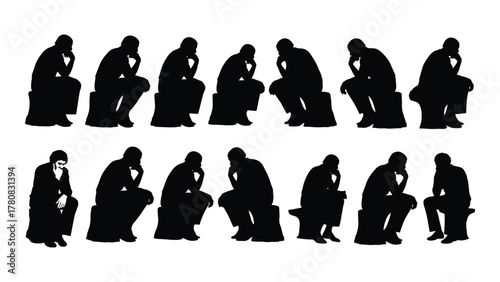 Collection of thinking person silhouettes isolated on transparent background, Vector