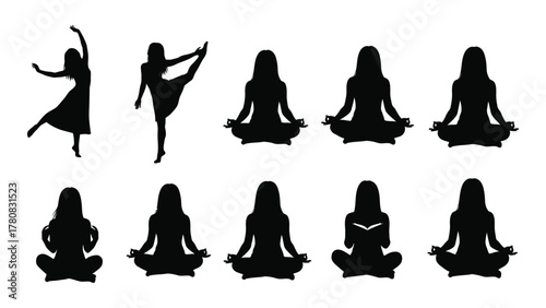 Female silhouettes: dance and meditation poses isolated on transparent background, Vector
