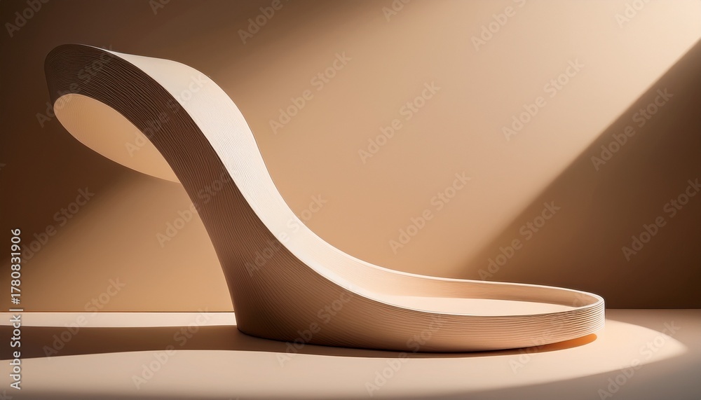 Obraz premium a sculptural curved podium with smooth surfaces placed in front of a seamless background in muted beige tones shadows fall with precision beneath the structure enhancing the minimalist
