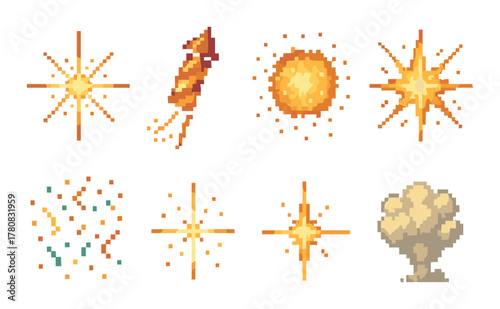 Pixelated fireworks and explosions with glowing stars in warm tones