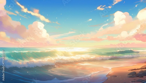 anime scene with coastline placed along lower third breaking waves sparkling under warm light horizon blending into open pastel toned sky negative space emphasizing openness and
