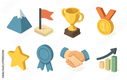 Colorful icons of achievement: trophy, medal, mountain, flag, star, ribbon, handshake, growth