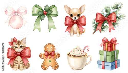Watercolor Christmas Ornaments and Festive Elements