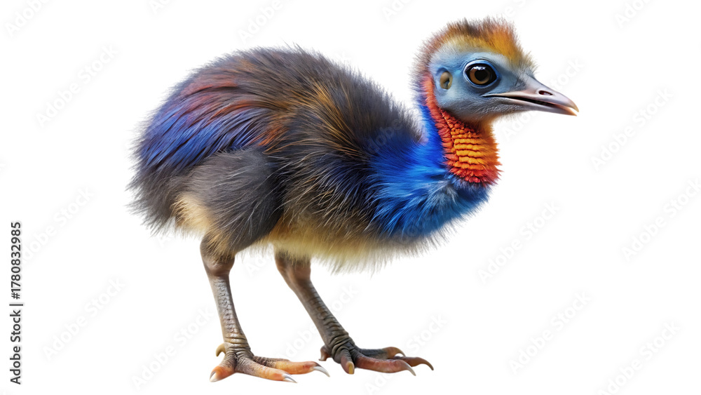 Obraz premium A young southern cassowary chick with vibrant blue and red neck feathers, standing on a transparent background