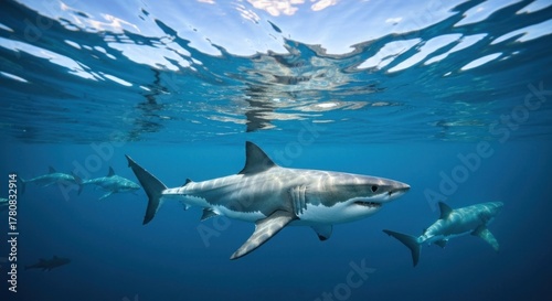Great white sharks in open ocean, sunlight through water