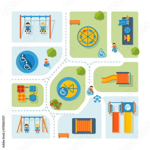 Accessible Playground Map with Various Play Equipment and Children Playing.