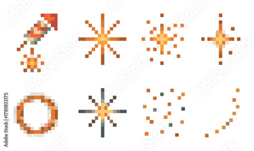 Pixelated firework icons displaying various patterns and styles