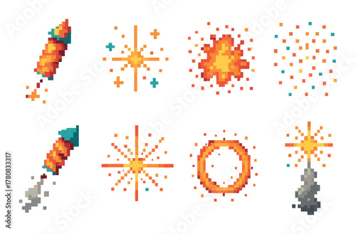 Colorful pixel art fireworks and shapes in a dark background