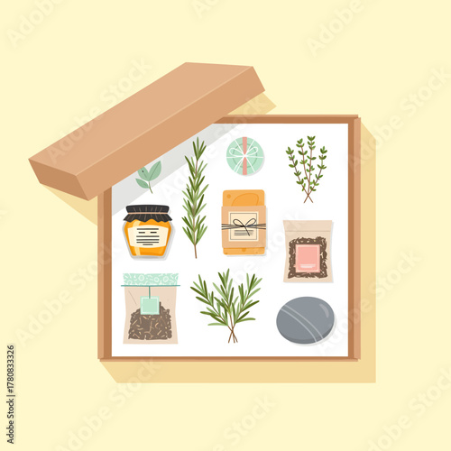 Artisanal gourmet gift box with fresh herbs and natural products flat lay illustration.
