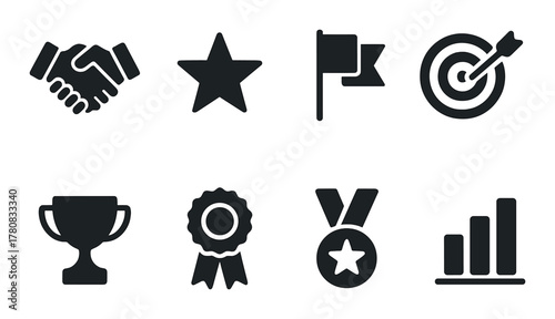 Set of business icons: handshake, star, flag, target, trophy, ribbon, medal, bar graph