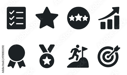Set of achievement icons: checklist, star, ratings, growth graph, medal, climbing figure, target