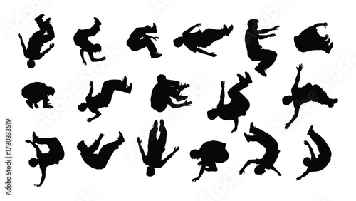 Dynamic acrobatic and breakdance silhouettes isolated on transparent background, Vector