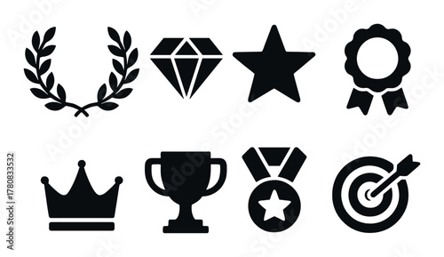 Symbol collection: trophy, medal, crown, star, laurel, diamond, target, ribbon