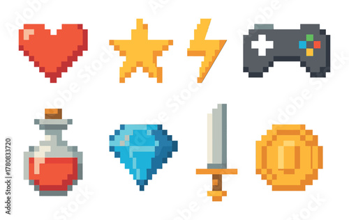 Retro pixel game icons featuring heart, star, lightning, and sword