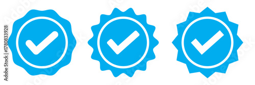 Blue Verified badge icon set. Blue tick check with social media account icon. Set of check mark icons. approved profile sign. white tick in blue circle. Social media official account tick symbol.