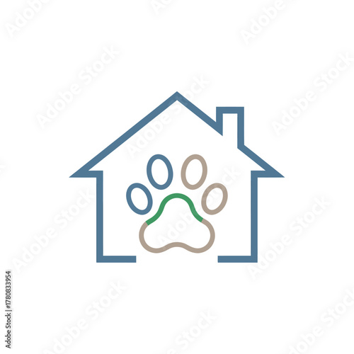 Colorful paw print inside a house outline vector logo icon.