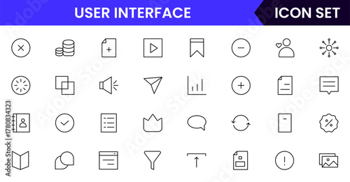 User Interface UI, UX web icons in line style. User, profile, message, mobile app, document file, social media, button, home, chat, arrow, collection. Vector illustration.