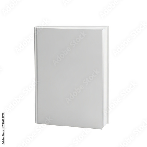 Minimalist blank white book cover standing upright with subtle shadows realistic 3d render transparent background
