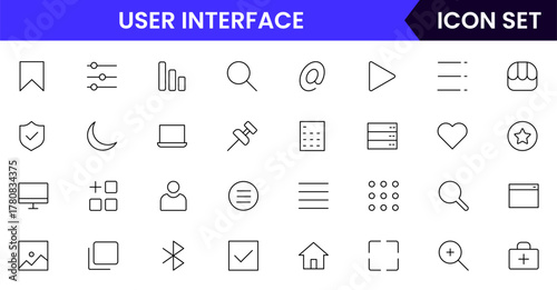 User Interface UI, UX web icons in line style. User, profile, message, mobile app, document file, social media, button, home, chat, arrow, collection. Vector illustration.