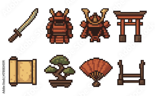 Pixel art collection of japanese samurai armor, sword, torii gate, bonsai, fan, scroll, and bridge