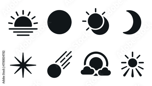 Minimalist weather and celestial icons set in dark tones
